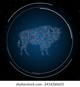 Símbolo búfalo relleno de puntos blancos. Estilo de puntillismo. Algunos puntos son rosas. Ilustración vectorial sobre fondo azul con estrellas
