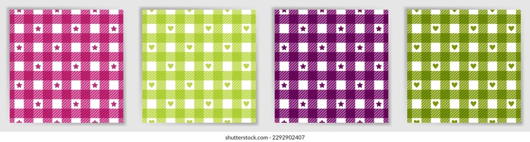 Buffalo tartan endless ornament set. Irish vichy checkered plaid fabric print collection with stars and hearts. Buffalo tartan square ornaments for bed linen textile print.