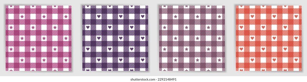 Buffalo tartan endless pattern collection. Fashionable vichy checkered plaid textile print set with stars and hearts. Buffalo tartan geometric swatches for dress or scarf fabric print.