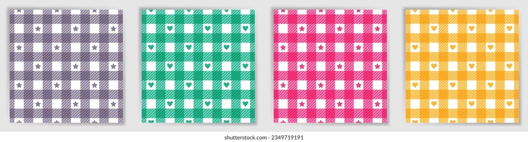 Colección interminable de patrones de tartán de búfalo. Elegante estampado textil a cuadros de vichy con estrellas y corazones. Bolas a rayas de tartán de búfalo para la impresión de tela de la ropa de cama.