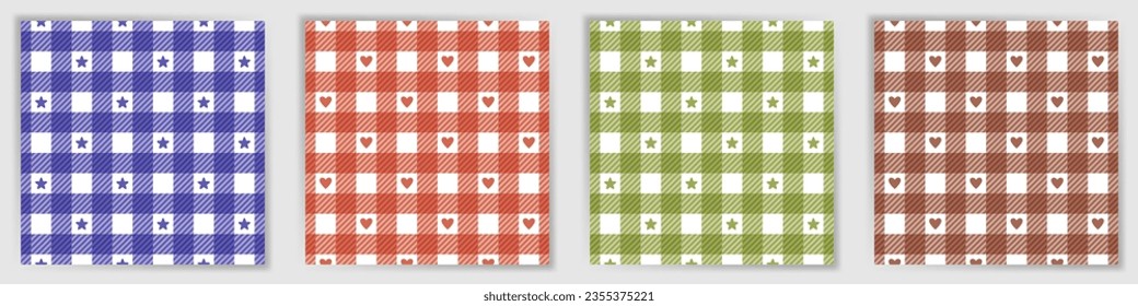 Colección interminable de patrones de tartán de búfalo. Rústica tela de tela a cuadros de vichy con estrellas y corazones. Bolas rayadas de tartán de búfalo para estampado textil de abrigo.