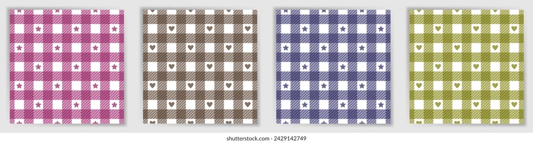 Buffalo tartan seamless pattern set. Abstract vichy checkered plaid textile print collection with stars and hearts. Buffalo tartan square swatches for tablecloth fabric print.