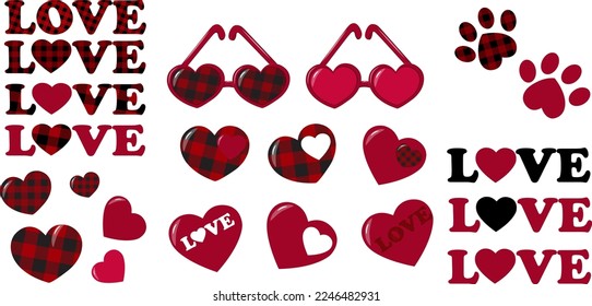 Buffalo Valentine's Day. Set of vector illustration isolated on white background. Valentine hearts, glasses, traces, signs.