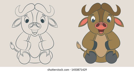 Buffalo vector cartoon illustration color and coloring on a colored background for children