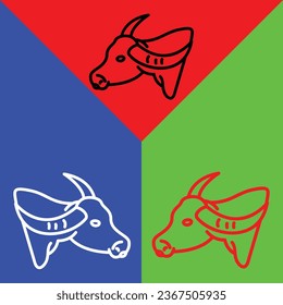 Buffalo Vector Icon, Lineal style icon, from Animal Head icons collection, isolated on Red, Blue and Green Background.