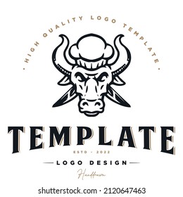 buffalo vector logo.chef buffalo with chef hat and knife crossed style logo inspiration