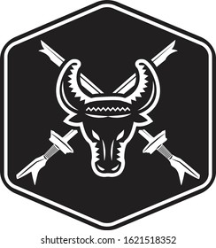 Buffalo warrior head with two bladed swords