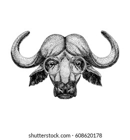 Buffalo wearing glasses Image of bison, bull, buffalo for tattoo, logo, emblem, badge design Vector image