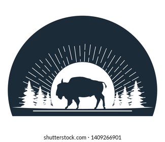 Buffalo wild animal black silhouette in nature scenery vector illustration graphic design