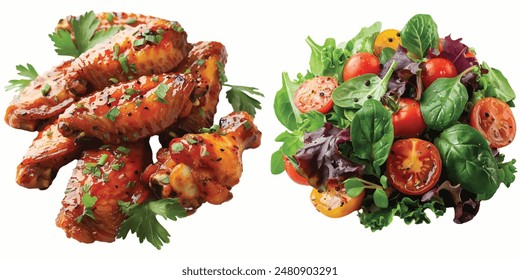 buffalo wing grill and salad isolated on white background