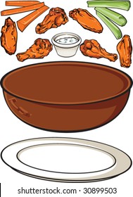 Buffalo wings, celery, carrots, blue cheese. All the pieces to assemble your own bowl or platter of food.