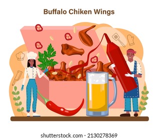 Buffalo wings concept. Chicken wings cooking at home with butter and pepper. Spicy homemade appetizer with crispy crust. Unhealthy snack of meat. Flat vector illustration