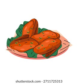 Comida de asas de búfalo. Comida de frango picante vetorial ou lanche de carne de pub, aperitivo frito ou prato de aves servidos como fast food americano. Prato marinado para churrasco. Jantar ou almoço culinário. Cozinha grelhada
