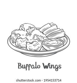 Buffalo Wings Outline Vector Icon. Drawn Roasted Chicken Wings With Celery Stalks On A Platter And Sauce.