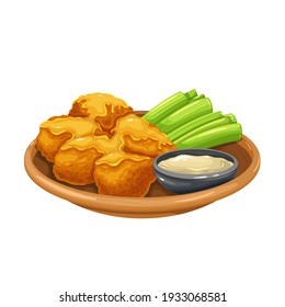 Buffalo Wings vector icon. Roasted chicken wings with celery stalks on a platter and sauce.