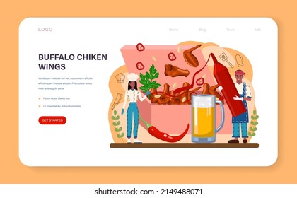 Banner de la web de las alas de búfalo o página de aterrizaje. Las alas de pollo cocinan en casa con mantequilla y pimienta. Aperitivo casero picante con corteza crujiente. Un bocadillo de carne poco saludable. Ilustración vectorial plana