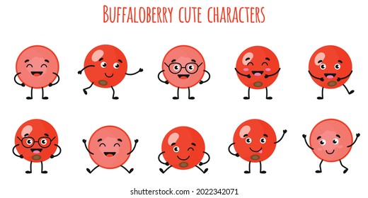Frutos de búfalo adorables personajes alegres con diferentes poses y emociones. Recogida de alimentos antioxidantes de vitamina natural. Dibujo vectorial aislado. Concepto de niños.