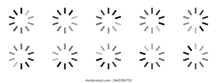 Buffering circle set in grey color vector round. Loading indicator vector icon set. Buffer status circle bar symbol. Loading progress web or app interface isolated illustration.
