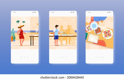 Frühstücksbuffet. Hotelrestaurant. Mobile App-Bildschirme, Vektorgrafik-Website-Banner-Vorlage. UI, Website-Design.