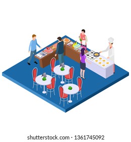 Buffet breakfast restaurant 3d isometric vector concept