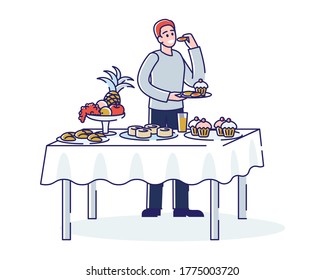 La restauración tipo bufé. Hombre de pie en la mesa servido con postres y comiendo deliciosa comida durante fiestas o banquetes. Caricatura masculina sosteniendo el plato con dulces. Ilustración vectorial lineal