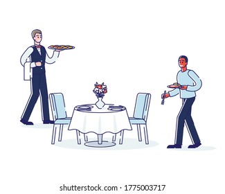 Buffet catering in restaurant or hotel. Catering on business event and celebration with waiter and visitor holding plate of food and walking to seat. Linear vector illustration