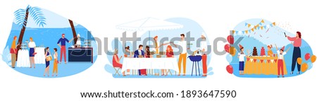 Buffet catering service vector illustrations. Cartoon flat corporate meeting banquets in restaurant, wedding party celebration, children birthday celebrating event serving by waiters isolated on white
