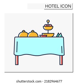 Buffet color icon. Open restaurant in hotel hall with different meals and drinks. All inclusive service. People choose food by themselves. Hotel concept. Isolated vector illustration