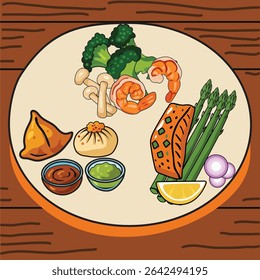 Ilustração conceito de buffet, ilustração de alimentos, desenhado à mão, ilustração digital, ilustração de alimentos estilo cartoon
