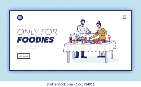 Cena bufé banquete sirviendo página de llegada con personajes de dibujos animados tomando comida de una mesa bien servida durante el evento o fiesta de celebración. Mesa tipo bufé con bandejas de comida. Ilustración vectorial lineal