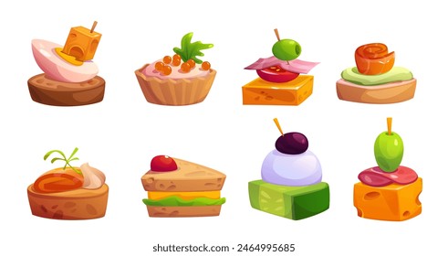 Aperitivo buffet para aperitivos - canape and sandwich, bruschetta y tartaletas. Conjunto de Ilustración vectorial de dibujos animados de pequeños bocadillos fríos para banquete con pan y queso, aceituna y jamón, verduras y pescado.