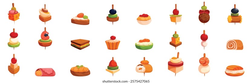 Buffet finger food appetizer icons set. Colorful assortment of canapes showcasing diverse flavors and elegant presentation for parties and gatherings