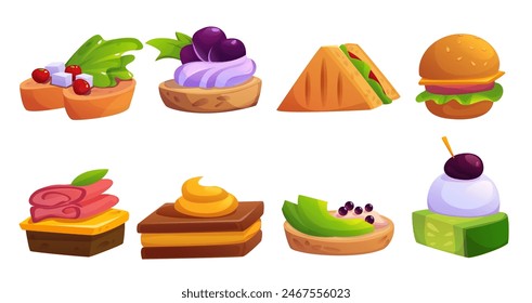 Buffet food appetizer and cold snack - canape and sandwich, bruschetta and burger. Cartoon vector illustration set little meals for banquet with bread and cheese, olive and cucumber, ham and vegetable