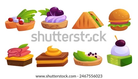 Buffet food appetizer and cold snack - canape and sandwich, bruschetta and burger. Cartoon vector illustration set little meals for banquet with bread and cheese, olive and cucumber, ham and vegetable