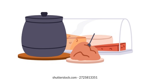 Buffet. Verschiedener Käse, auf Platte verteilt. Vorspeisen und Snacks Sortiment. Verpflegung, Selbstbedienung, Frühstück, Mittagessen. Flache Vektorgrafik einzeln auf weißem Hintergrund