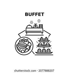 Buffet Food Vector Icon Concept. Meat And Vegetable Delicious Meal Plate, Cookies And Cakes Buffet Food. Catering Service Tasty Dish And Dessert. Cooked Lunch And Dinner Black Illustration