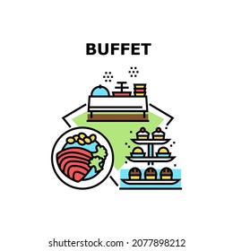 Buffet Food Vector Icon Concept. Meat And Vegetable Delicious Meal Plate, Cookies And Cakes Buffet Food. Catering Service Tasty Dish And Dessert. Cooked Lunch And Dinner Color Illustration