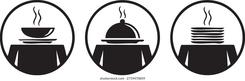 Ilustração do conjunto de ícones do bufê em preto e branco representando serviços de comida atendida	

