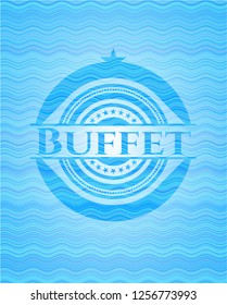 Buffet light blue water wave emblem.