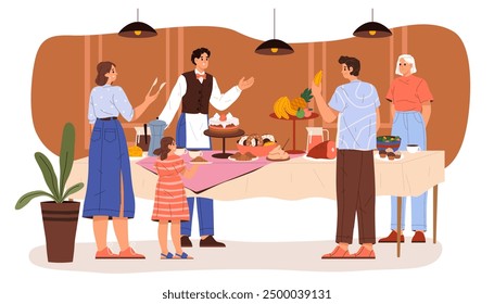 Buffet meal with people. Swedish smorgasbord vector. Table with food dish and beverage. Furshet scene at hotel service or restaurant banquet. Catering station for dinner, lunch and breakfast snack.