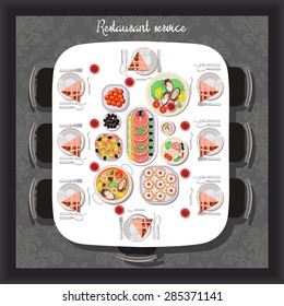 Buffet meals served to receive guests in the restaurant, cafe, top view.Vector flat illustration.Catering business