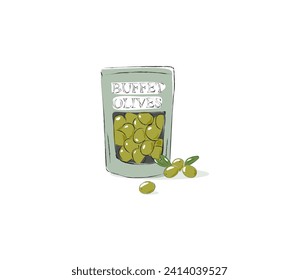 Buffet olives in a package. Isolated vector illustration on a white background. Green olives. 