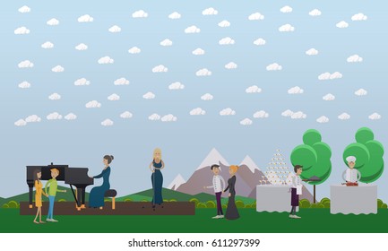 Buffet party or off-premise banquet with live music and restaurant outdoor catering. Nature landscape, pianist and singer female, waiter and guests design elements in flat style.
