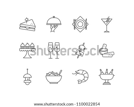 Buffet snacks, banquette appetizers line icons set with sandwich, cloche, plate, cocktail, cupcakes, tapas, canapé, salad bowl, shrimp, champagne.