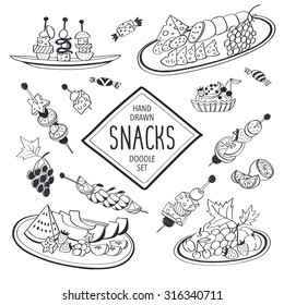Buffet snacks doodle set. Hand drawn food icons isolated on white background. Doodle food and drinks collection. Cheese, fruits, canapes, tartalets.