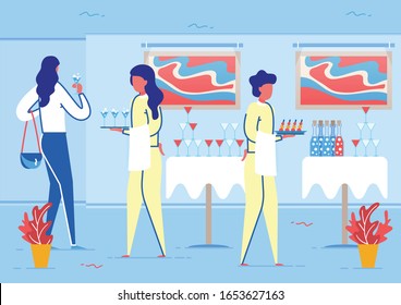 Buffet Table in Art Gallery Flat Cartoon Vector Illustration. Opening Celebration. Hall Interior. Waiter Hilding Tray with Drinks. Characters in Uniform. Served Tables, Buffet in Museum. Visitor.