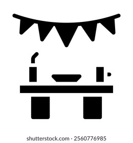 Buffet table with banner icon. Concept of celebration, party, and catering.