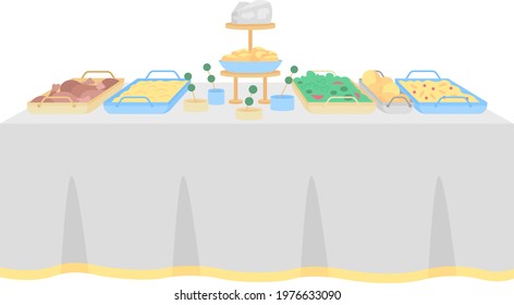 Buffet table for wedding reception flat color vector object. Hotel restaurant. Multiple hot, cold dishes. Table serving for party isolated cartoon illustration for web graphic design and animation