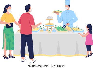 Buffet-style reception flat color vector faceless characters. Self-service. All-you-can-eat dinner. Food bar. Informal fun party isolated cartoon illustration for web graphic design and animation