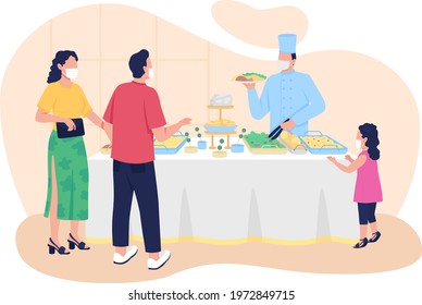 Buffet-style restaurant. 2D vector web banner, poster. Characters choosing food, drinks on flat cartoon background. Catering service. Dinner party. Stand-up meal printable patch, colorful web element